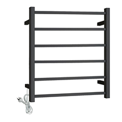 Square Electric Heated Towel Rack 6 Bars Universal Inlet Stainless Steel Black IS-06-2B