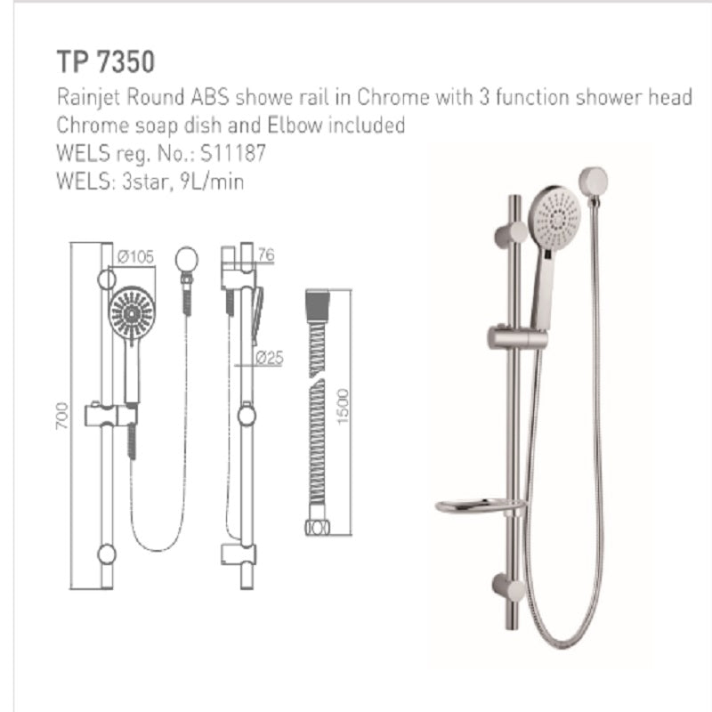 Shower Rail With 3 Function Shower Head And Elbow included