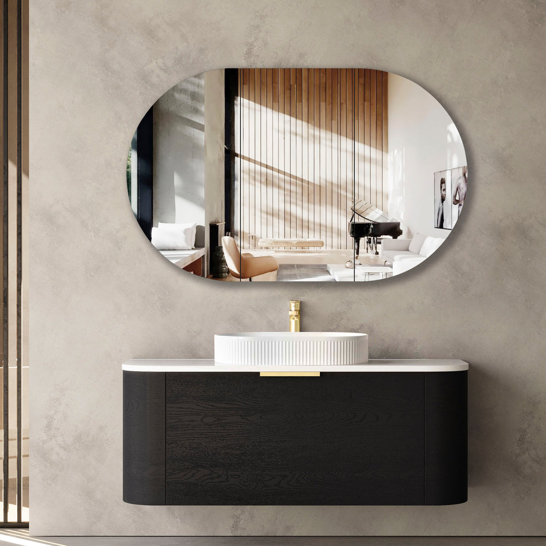 Bondi 1200x460X450 Wall Hung Black Oak Plywood Vanity With Pure White 12 Oclock Taphole BO1200BST-PW-12TH