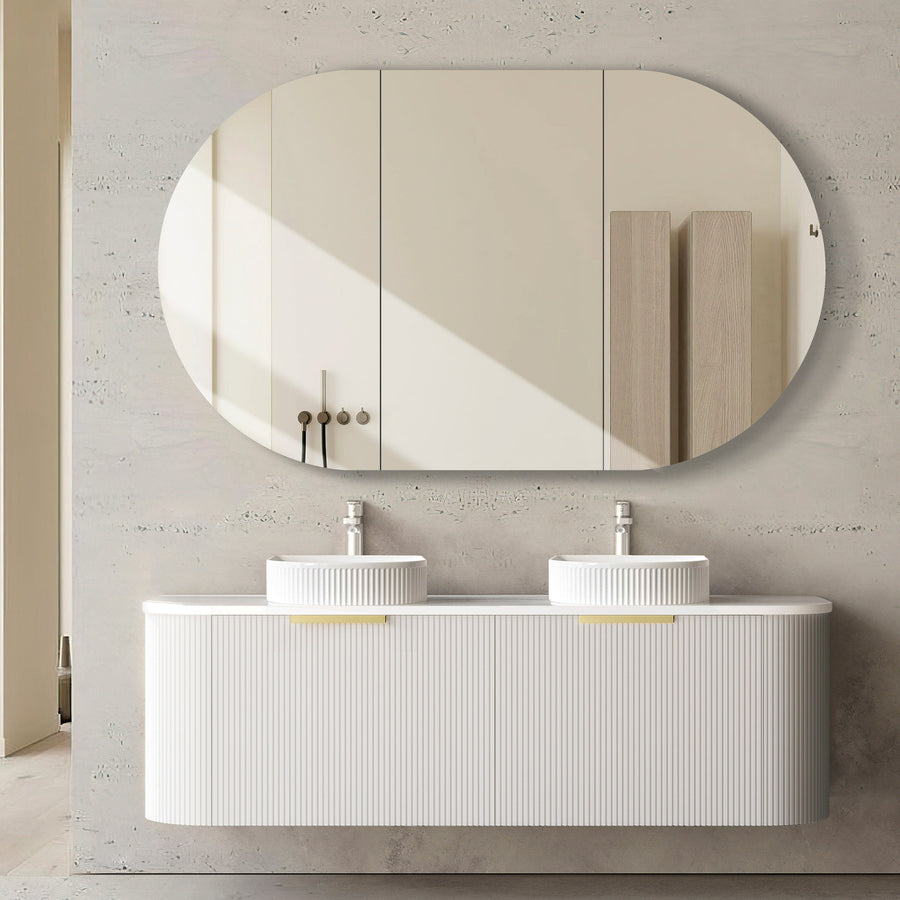 Bondi 1500x460X450 Wall Hung Satin White Fluted Plywood Vanity With Pure White 12 Oclock Taphole BO1500WST-PW-12TH