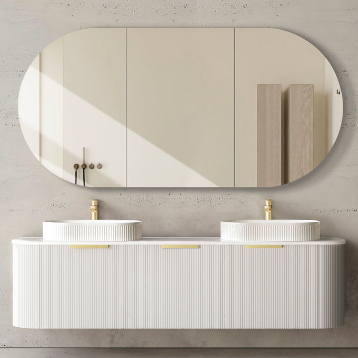 Bondi 1800x460X450 Wall Hung Satin White Fluted Plywood Vanity With Pure White 12 Oclock Taphole BO1800WST-PW-12TH